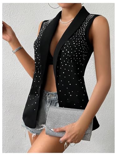 MakeMeChic Women's Glitter Rhinestone Blazer Sleeveless Open Front Party Y2K Vests4