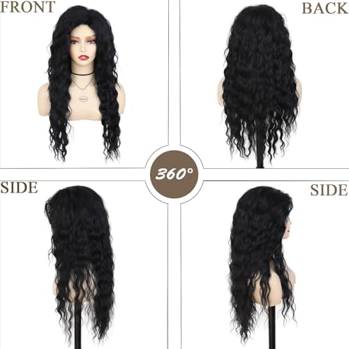 Image of GNIMEGIL 26 Inch Long Black Curly Wigs for Women Water Wave Synthetic Hairpiece Voluminous Deep Wavy Dark Black Wig for Cosplay Halloween Costume and Daily Drag Queen Carnival Hairstyles