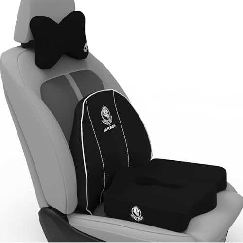 Image of MRRON Memory Foam Car Seat Cushion Combo - Backrest, Coccyx Cushion & Neckrest - Orthopedic Support for Back, Sciatica & Neck Pain - Ergonomic Comfort for Car, Office. (Black, Spine Support)
