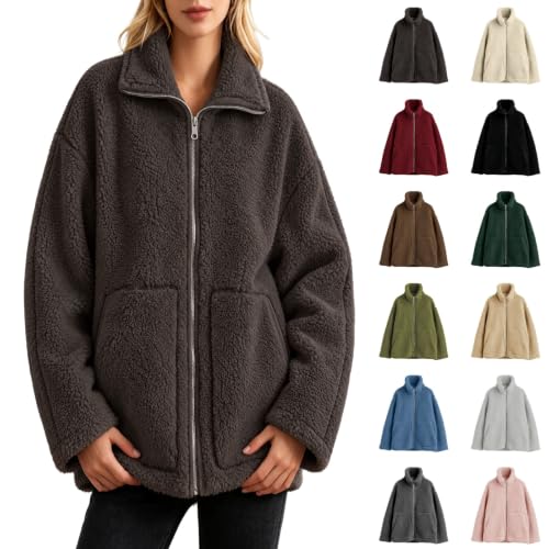 Sherpa Jacket Women, Full Zip Up Fuzzy Jackets Long Sleeve Stand Collar - image 1