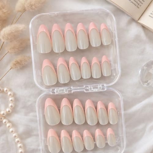 Image of Kriplonn Press On Nails Kit for Women 24 Pcs | Classic Beige Pink French Tip Artificial Nails | Almond Shape Glossy Reusable Fake Nails Extensions | Trendy Office Wear Press On Nails | False Nails | Includes Nail Glue, Glue Tabs, Nail Filer, Cuticle Stick & Nail Organizer
