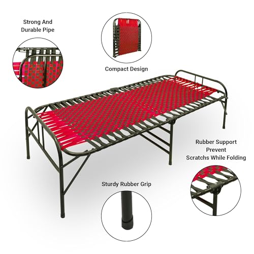 Image of Casa Copenhagen, Portable Single Folding Bed Heavy Duty Metal Cot Khat for Sleeping Bed Space Saving Design Sturdy Synthetic Niwar feet - Red & Charcoal Black