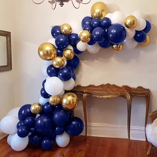Image of 200 Pcs Navy Blue Gold and White Balloons 12 Inch Latex Metallic Chrome Balloon Arch Garland Kit for Birthday Wedding Bridal Baby Shower Supplies Graduation Party Decorations