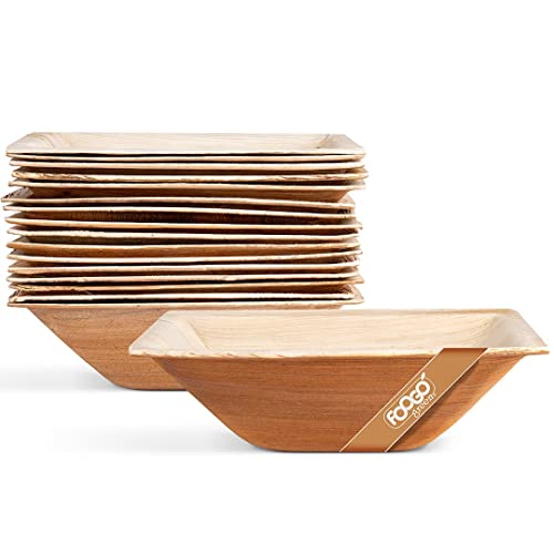 FOOGO Green 25pcs Disposable Palm Leaf Bowls, 6.5" (16.5cm) 21oz (600ml), for Soup Desserts & Salad, Deep Square