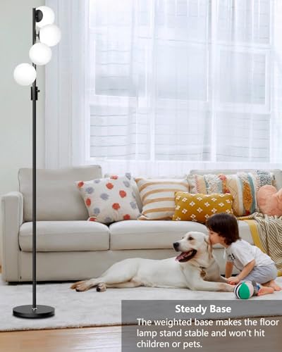 Image of Lightdot 64IN Dimmable Globe Floor Lamp, Black Standing Lamps with 4PCS 3000K Bulbs Included, Mid Century Modern Floor Lamp with 5Lbs Heavy Base for Living Room /Sofa Beside /Corner Decor