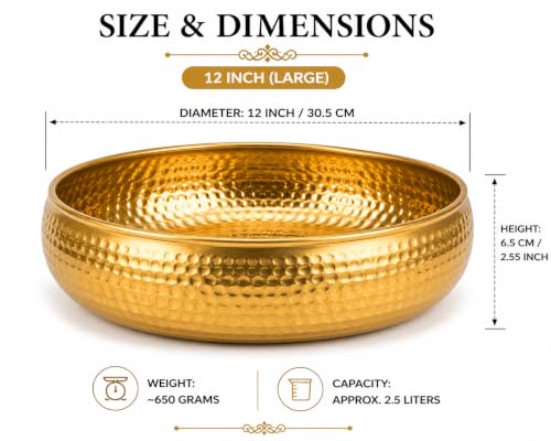Image of Hammered Iron Metal Decorative Bowl with Golden Finish, 12 Inch Large Urli Bowl for Home Decor, Floating Flowers & Tea Light Candles, Center Table Diwal Decor & Festive Gifting