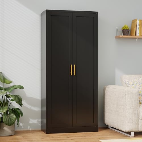 Image of Metal Kitchen Pantry Cabinet, 71 inchH x 28 inchW x 14 inchD Cabinet with 2 Doors and 4 Adjustable Shelves, Kitchen Pantry Storage Cabinet, Metal Pantry Cabinet for Kitchen, Dining Room, Living Room-Black