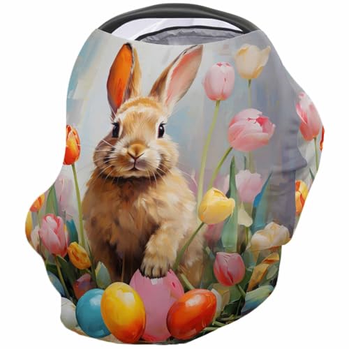 Nursing Cover for Breastfeeding Scarf, Retro Oil Painting Easter Eggs Tulip Bunny Baby Car Covers Super Soft Multi Use for Canopy Shopping Cart Cover Blanket Stroller Cover