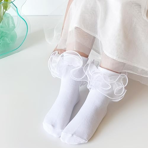 Mini angel Girls Ruffle Socks Double Lace Frilly Dress Socks Kids Turn Cuff Socks for Toddler Little Girls 2/3 Pack4