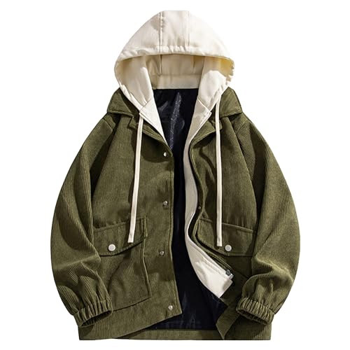 Veste en velours côtelé boutonnée sweat à capuche léger mode colorblock homme vert