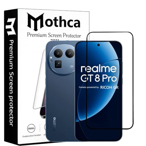 Image of Mothca Military-Grade Gorilla Tempered Glass Compatible with Realme GT 8 Pro 5G | Black | Full Screen Protection | Scratch Resistant | Easy Installation Kit (Pack of 1)