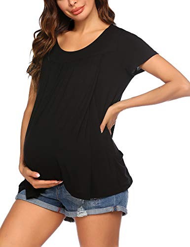 Ekouaer Women Nursing Tops Breastfeeding Tee Shirts Soft Double Layer Maternity Tunic Blouses Pockets Breast Feeding Clothes Black Large #TOP2