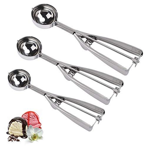 MaoXinTek Cuillère à Glace, 3 Pièces Acier Inoxydable Ice Cream Scoop avec déclencheur Cuillères Sphériques adaptées pour Crème Glacée Cookies Fruits, 4 cm 5 cm 6 cm