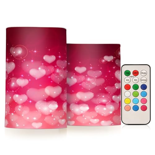 ALAZA Valentines Day Hearts Pink Background Flickering Flameless Candles Battery Operated with Remote Timer,Tea Light Candles LED Pillar Votive Candles Set of 2 for Outdoor Indoor Decorations