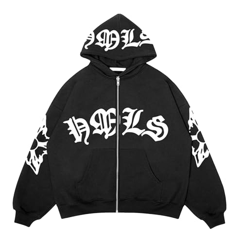 Sudadera con capucha gótica para mujer, sudadera de gran tamaño para hombre y mujer, con cremallera impresa, con texto en alemán, Negro , L