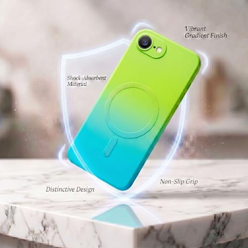 Image of amazon basics Gradient Mag-Safe Case for iPhone 16E | Soft Silicone Shockproof Cover with Camera Protection | Slim Lightweight Design | Smooth Touch & Durable - Green & Blue