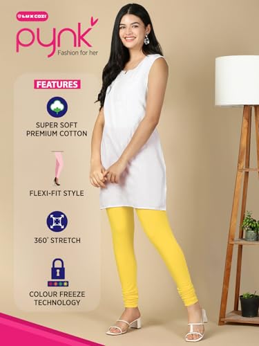Image of Lux Cozi PYNK Solid Premium Cotton Lycra Churidar Leggings for Women | Regular Fit Elastic Waist Full Length Women Leggings | Free Size