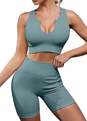 Stretchy Shorts Women Ribbed Exercise 2 Pieces Outfits Yoga Sports Bra and Leggings Workout Sets,blue, S