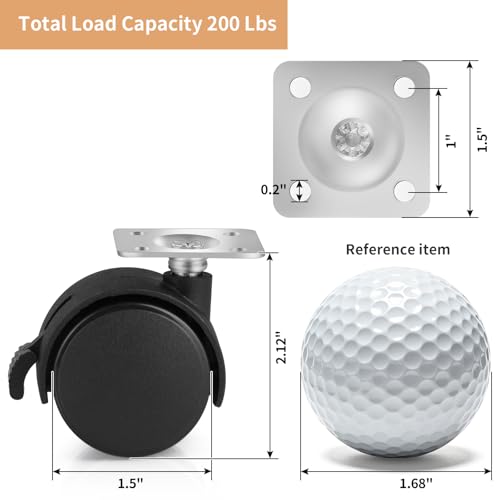 1.5" Small Nylon Plastic Plate Caster Wheels with Brake, Swivel Furniture Wheels, 50 lbs Load Capacity per Wheel, 4 Pcs