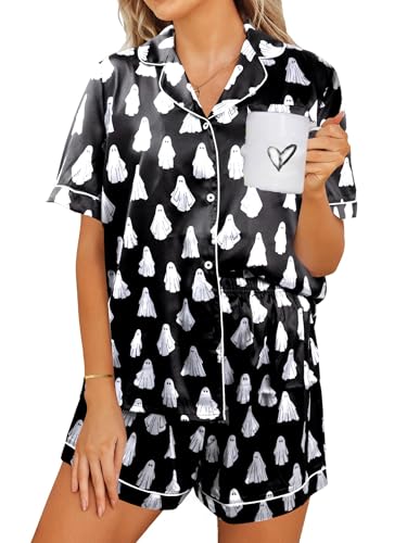Halloween Pajamas 2 Piece Womens Ghost Button Down Short Sleepwear Sets - image 1