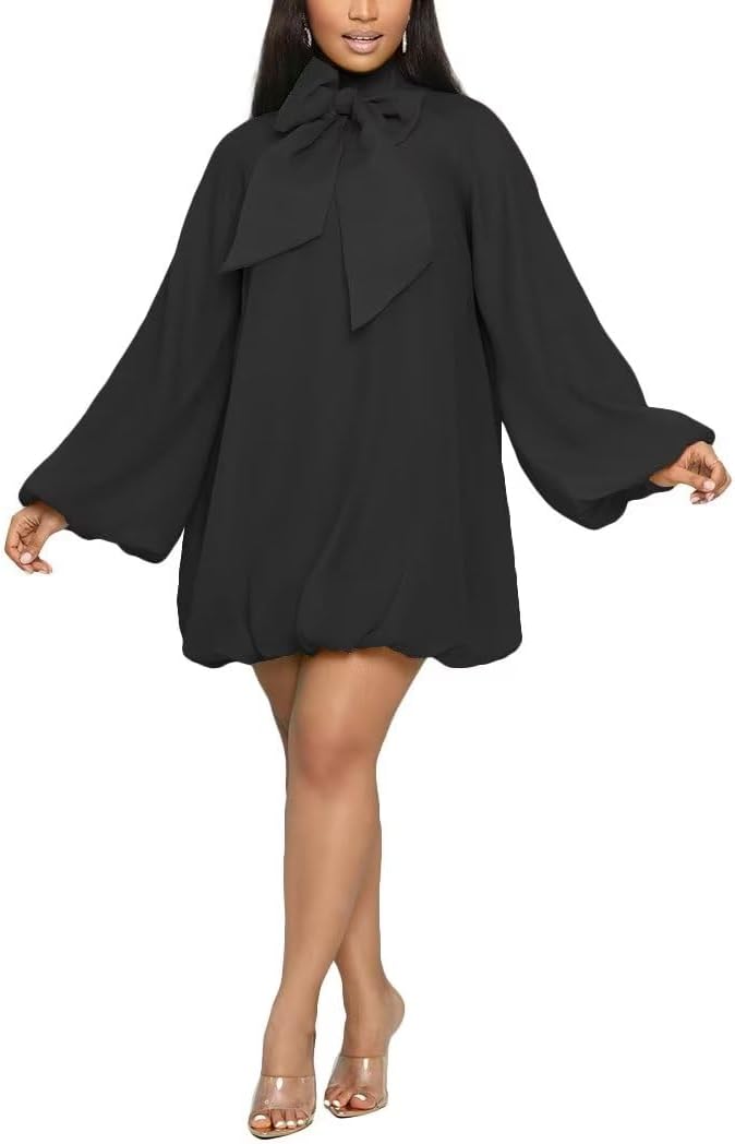 Yanfoam Women's Puff Long Sleeve Sweetheart Round Neck Dress Flowy Loose Chiffon for Cocktail Party Mini Dress