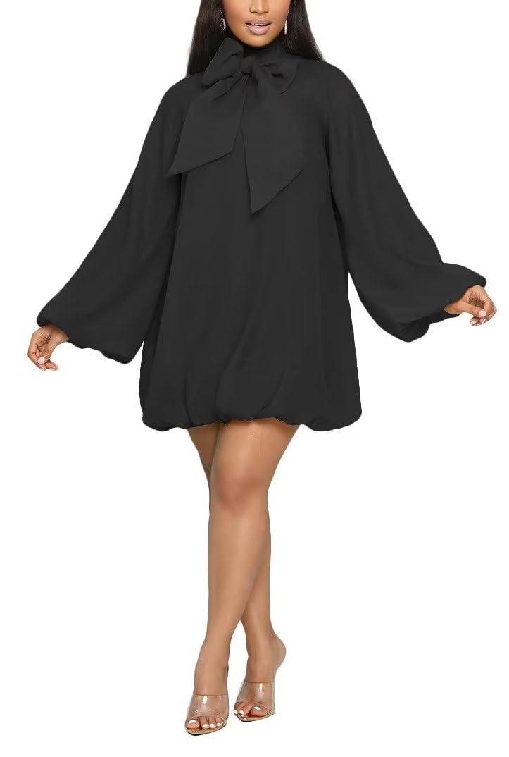 Yanfoam Womens Puff Long Sleeve Sweetheart Round Neck Dress Flowy Loose Chiffon for Cocktail Party Mini Dress