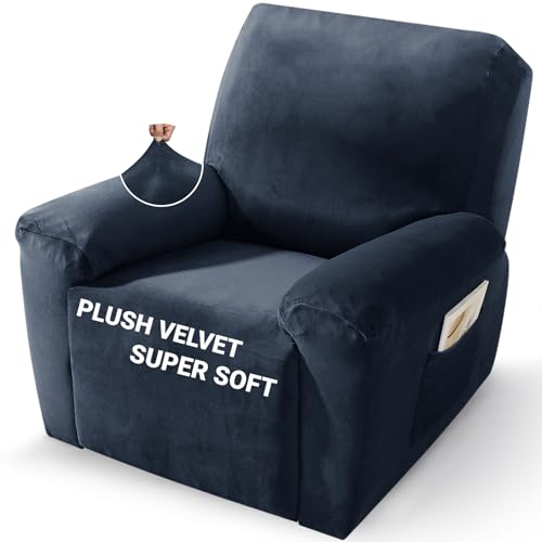 Image of ZNSAYOTX 2026 Velvet Oversized Recliner Cover 3-Piece, Luxury Plush Recliner Chair Covers with Elastic Band & Ties Stay in Place, Stretch Reclining Slipcover for Lazy Boy Soft Washable (Navy Blue)