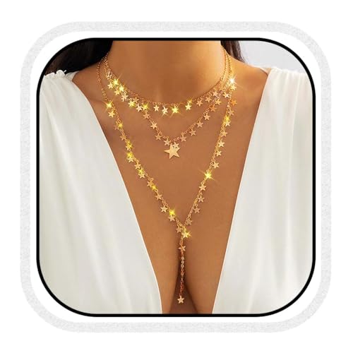 Layered Gold Star Necklaces Long Layering Choker Necklace for Women