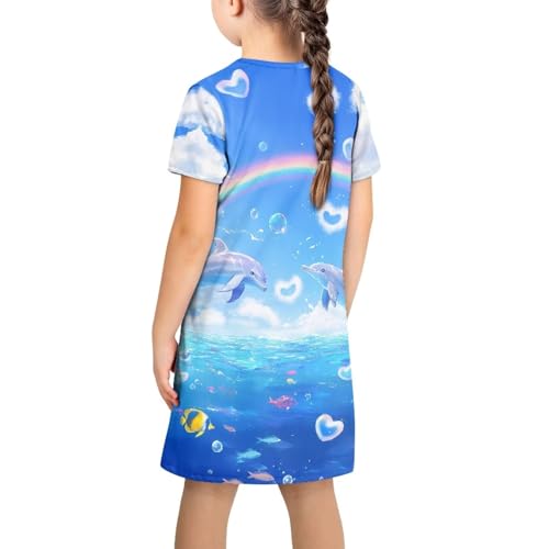 Girls Short Sleeve Swing Dresses Kids Cute Midi Skater Soft Summer Tshirt Dress with Pockets,3-14Y2