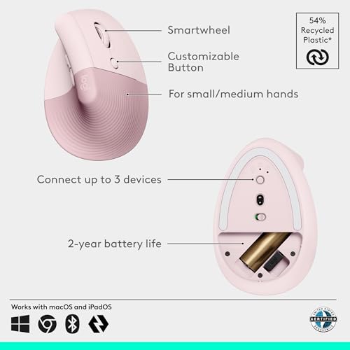 Image of Logitech Lift Vertical Ergonomic Mouse, Wireless, Bluetooth or Logi Bolt USB Receiver, Quiet clicks, 6 Buttons, Compatible with Windows /macOS /iPadOS, Laptop, PC - Rose