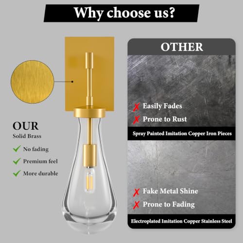 Raindrop Brass Crystal Wall Sconce: Set of 2 Gold Bathroom Decor Sconces - Image 5