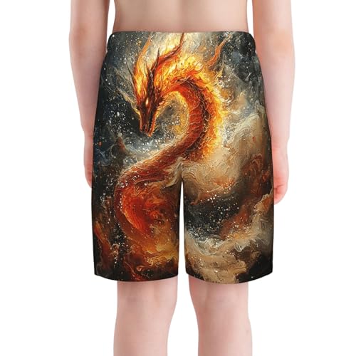 Boys Beach Board Shorts Swim Trunks Teen Kids Quick Dry Bathing Suits, Galaxy Fire Dragon Art4