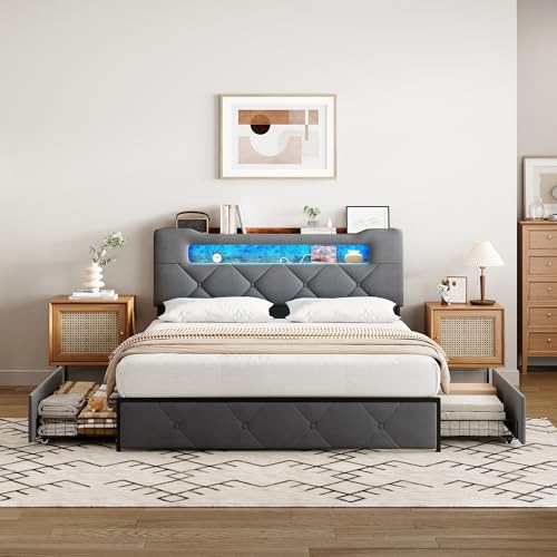 BRILVERDE Cama de almacenamiento con 4 cajones, cama doble tapizada con cabecero LED, función de carga USB y somier, compartimento de almacenamiento en el cabecero, sin colchón (gris, 160 x 200 cm)