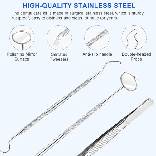 Image of 3-Piece Stainless Steel Teeth Cleaning Tool Kit with Mirror - Plaque & Tartar Remover Set for Oral Care, Tooth Scraper Picks for Home Use