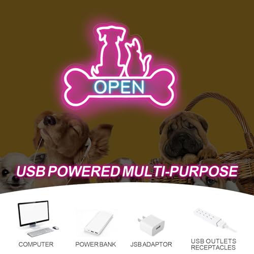 Image of Pet Shop Open Neon Sign Cute Dog And Cat Open LED Light | Bright Pet Grooming Salon Light Animal Shelter Storefront Decor Vet Clinic Window Decor, Pink+Ice Blue, 16.5 inchx12.4 inch