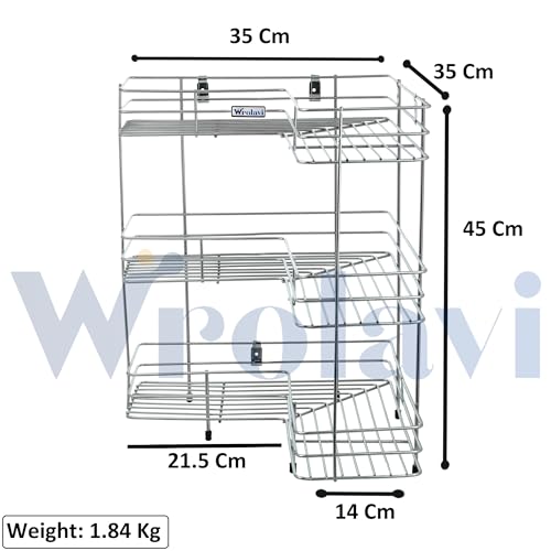 Image of Heavy Duty 3-Tier Stainless Steel Kitchen Corner Rack | L Shaped Platform Organizer Stand for Jars, Containers & Dishes | Rust Proof Countertop & Wall Mounted Shelf