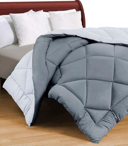 Image of Amazon Brand - Umi AC Comforter Double Bed | AC Blanket Double Bed | 220 GSM Ultra Super Soft Microfiber Reversible Lightweight ALL-Weather Bed Comforter /Duvet /Quilt (90 inchX86 inch Inche, Grey & Light Grey)