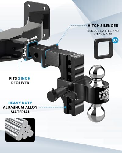 Image of Kohree 6 inch Adjustable Trailer Hitch Fit 2 Inch Receiver, Dual Solid Ball 2 inch and 2-5 /16 inch(12,500 LBS GTW), Drop & Rise Heavy Duty Aluminum Tow Hitch with 4 Silencer Pads & 2 Locking Hitch Pin, Black