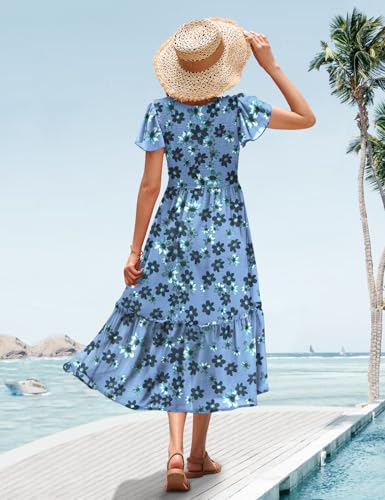 Image of YESNO Women Summer Boho Floral Casual Dresses V Neck Ruffle Cap Sleeve Smocked Midi Dress with Pockets EVA