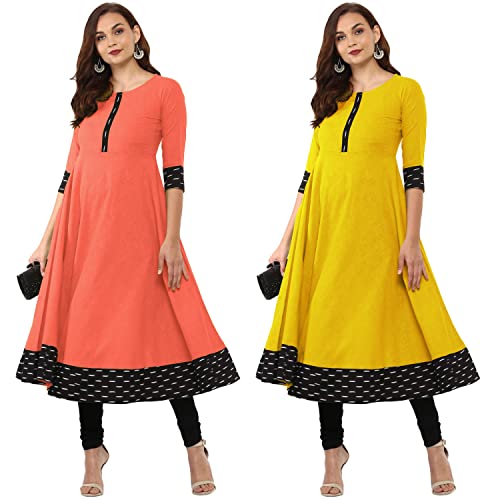 Image of NATEK Plain Cotton New Anarkali Dress Kurti for Ladies Girls - Combo Sets of 2 Peach, Yellow Colour XX-Large Size