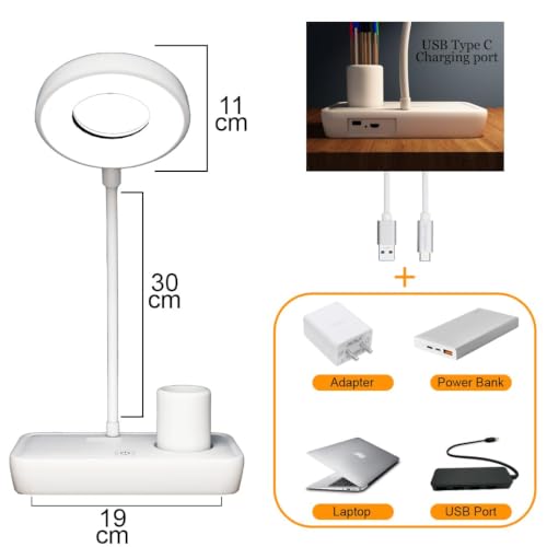 Image of fizzytech Rechargeable LED Table Lamp for Study Desk - 360 Flexible Desk Light with Pen Holder & Phone Stand, Touch Control Lamp for Students, Reading, Study & Office Use (White)