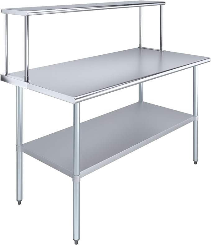 Express KitchQuip Stainless Steel Work Table with Wide Single Tier Overshelf | Metal Kitchen Prep Table & Shelving Combo (30" x 60" Work Table + 12"
