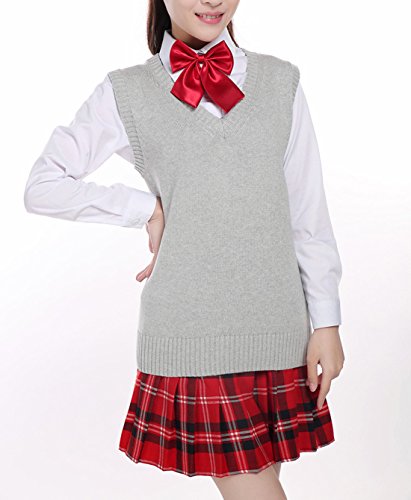 Image of Men Women Knitted Cotton V-Neck Vest JK Uniform Pullover Sleeveless Sweater School Cardigan