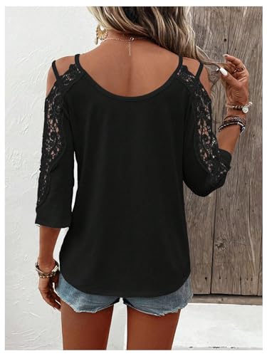 MakeMeChic Women's Guipure Lace V Neck Tee Shirts Cut Out Cold Shoulder 3/4 Sleeve Tops2