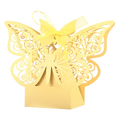 Kesote 50 Pcs Boite Dragee Papillon pour Decoration Bapteme Fille, Boite de Dragées Communion avec Ruban, Contenant Dragées Mariage, Boîte à Dragées pour Cadeaux Anniversaire Noël Fête… (Doree)