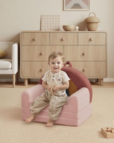 Image of Blissful Diary Foldable Kids Couch, 2-in-1 Comfy Kids Chair for Reading, Playroom, Kids Couch Sofa for Girls Boys Birthday Gift, Blush Rainbow