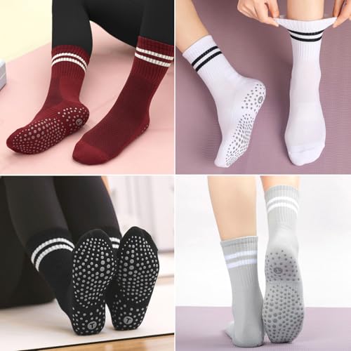 Image of Toes Home Pilates Socks for Women with Non Slip Grippers, Yoga Crew Socks for Barre Hospital Sticky Slipper Socks 4 Pairs