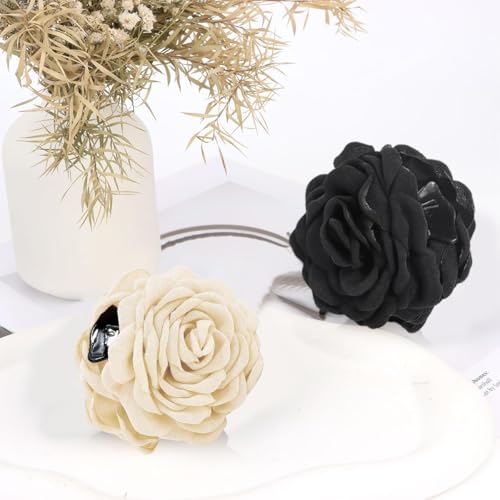 Image of PALAY 2Pcs Rose Hair Claw Clips for Women Large 3.5 In Flower Claw Clip Hawaiian Fashion Blooming Rose Claw Clips Aesthetic Hair Clip - Black & White