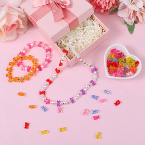 Ptwola 200 Stück Acryl Bären Süßigkeiten Bunte Gummi Bärchen Charm Süße Bären-Loseperlen für Handwerk DIY-Armbänder Halsketten Broschen Ohrringe Tonbasteln Deko-Schmuckset Herstellung Zubehör