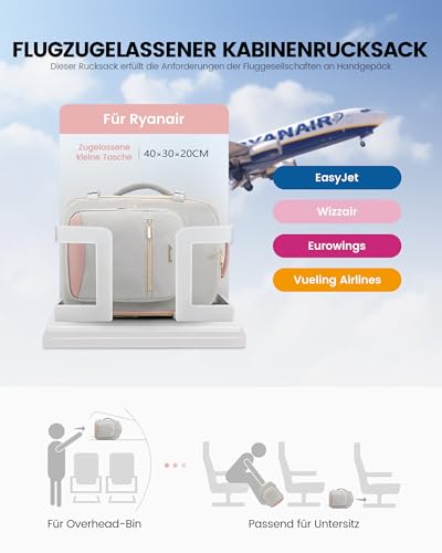 LOVEVOOK Ryanair Handgepäck 40x30x20, Handgepäck Rucksack Tasche Reiserucksack Flugzeug, Carry On Hand Luggage Travel Backpack für 13,3 Zoll Laptop Damen Herren, Klein Cabin Bag Eurowings Wizz
